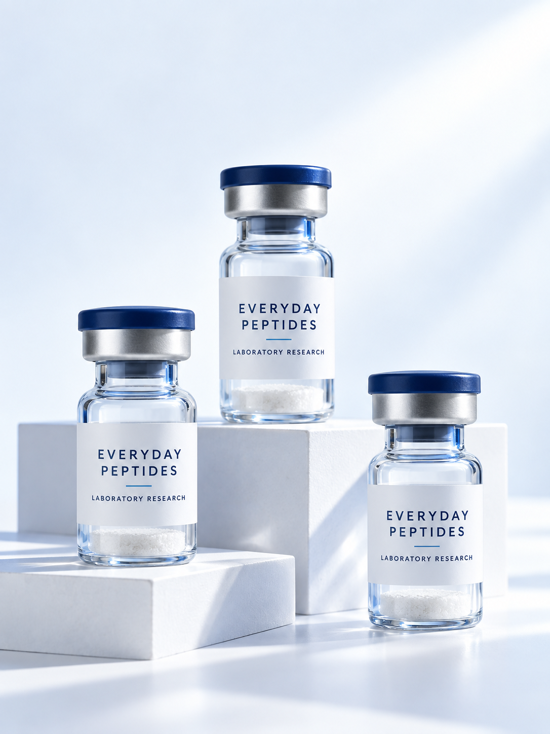 Illustrative Everyday Peptides laboratory vials with navy caps on white studio blocks